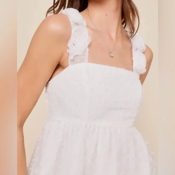 Lulus White Swiss Dot Rosette Sleeveless Mini Dress Wedding Engagement Party NWT - Picture 3 of 6